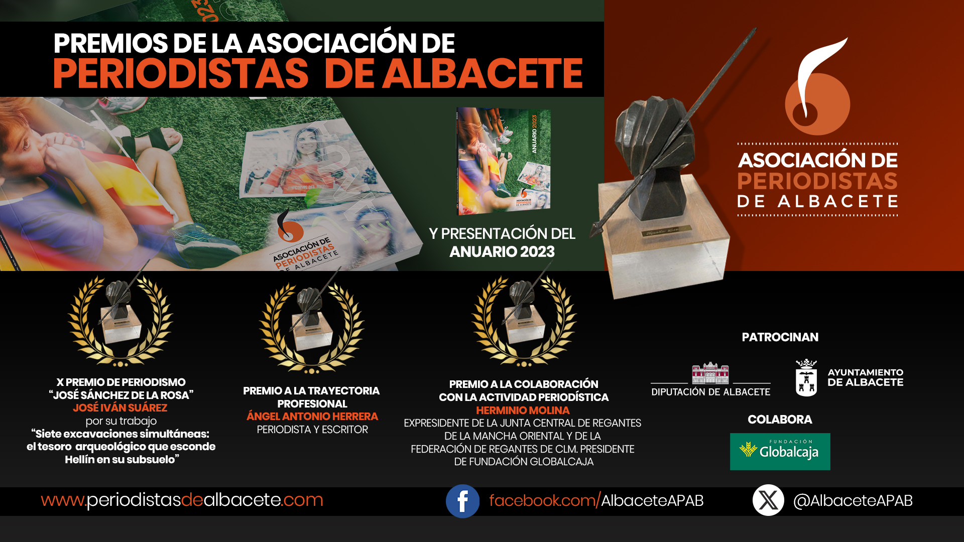 La Asociación de Periodistas de Albacete (APAB) entrega sus Premios Anuales de Periodismo el próximo sábado 20 de abril de 2024 a las 12h en el Centro de Interpretación del Agua de Albacete.